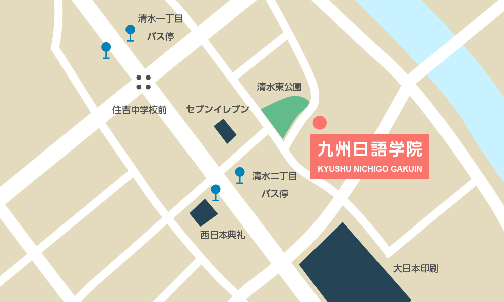 バス停から九州日語学院までの地図